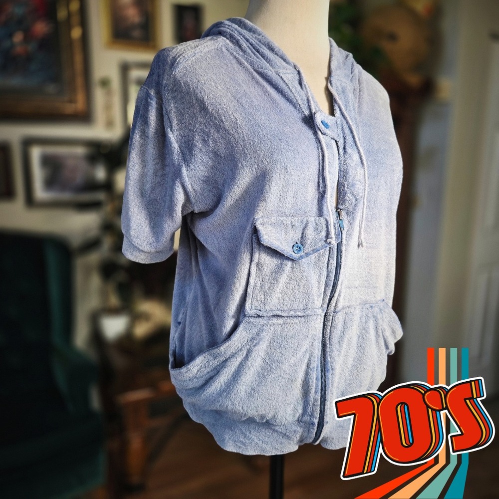 El Toro Bravo Terry Cloth Hoodie Vintage 70s Short Sleeve Blue Zip Up Mens L